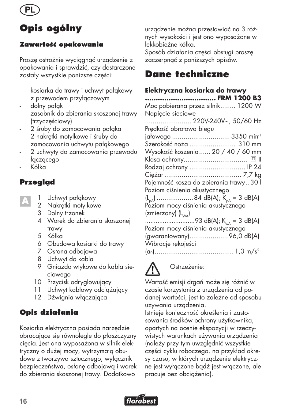 Dane techniczne, Opis ogólny | Florabest FRM 1200 B3 User Manual | Page 16 / 72