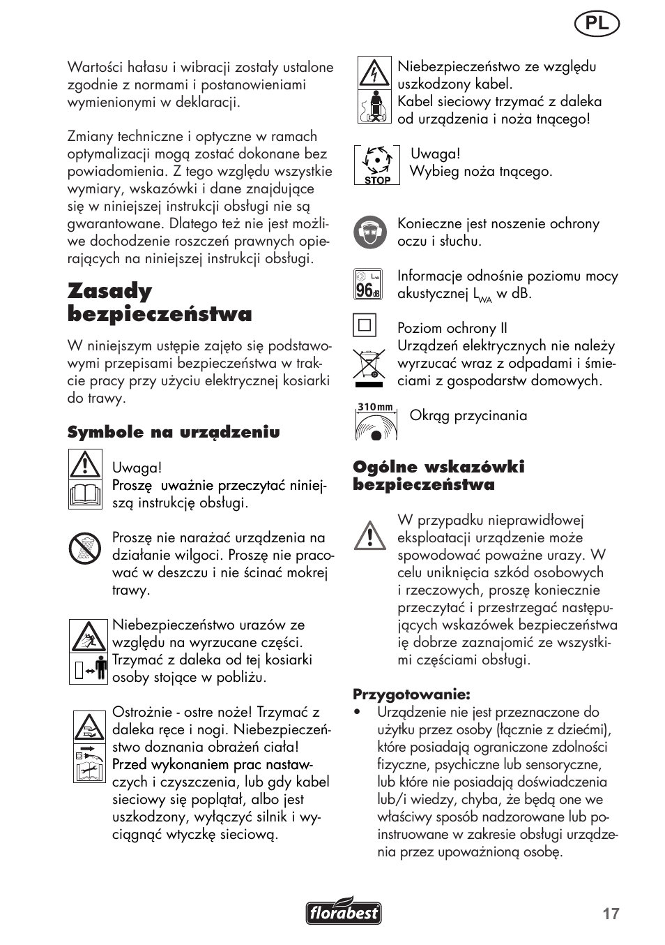 Zasady bezpieczeństwa | Florabest FRM 1200 B3 User Manual | Page 17 / 72