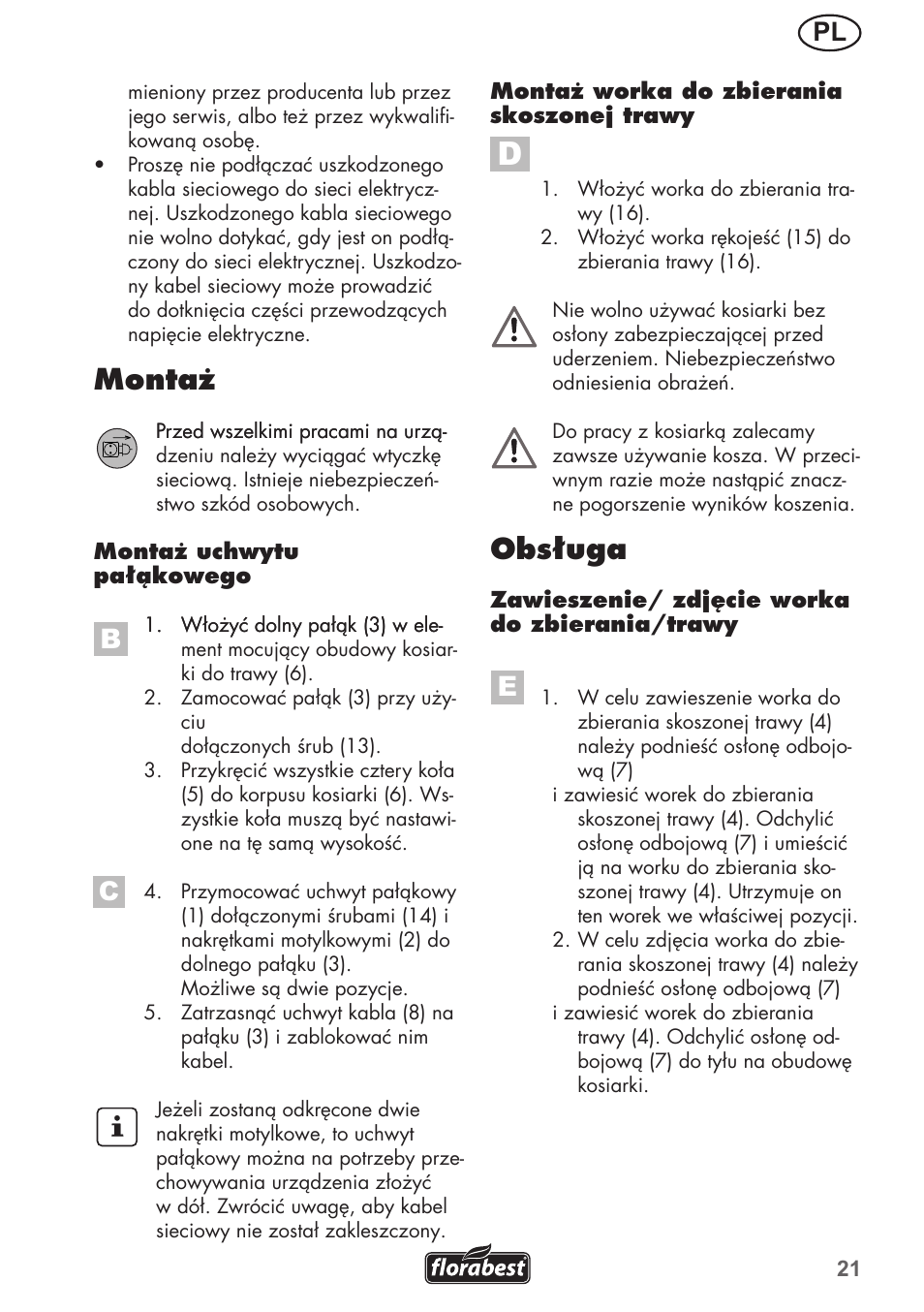 Montaż, Obsługa | Florabest FRM 1200 B3 User Manual | Page 21 / 72