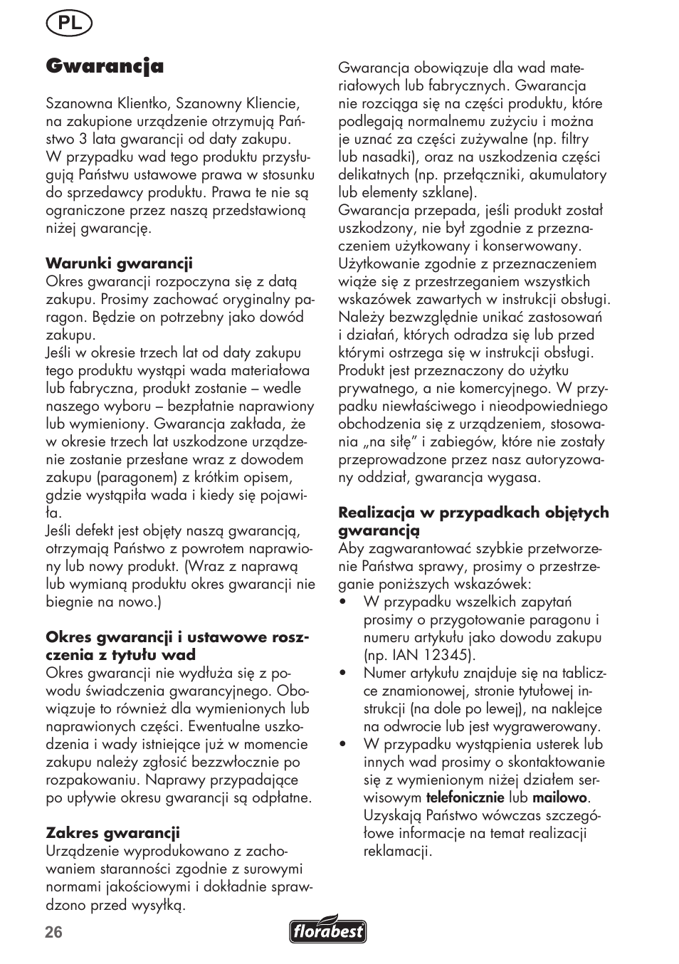 Pl gwarancja | Florabest FRM 1200 B3 User Manual | Page 26 / 72