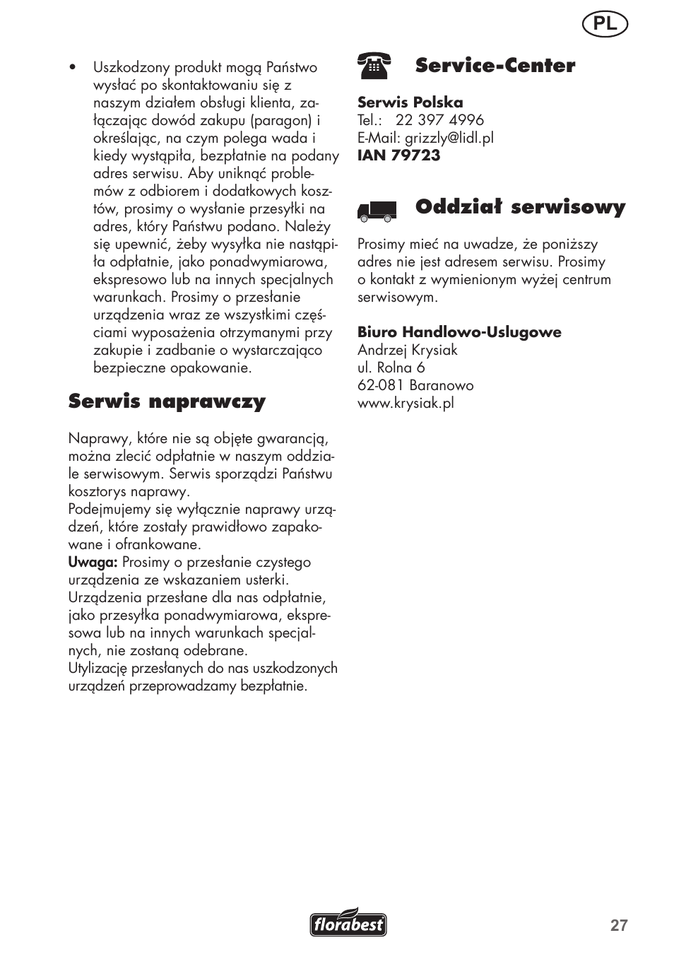 Serwis naprawczy, Service-center, Oddział serwisowy | Florabest FRM 1200 B3 User Manual | Page 27 / 72
