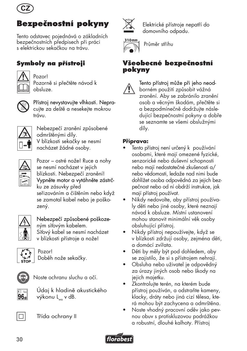 Bezpečnostní pokyny, Všeobecné bezpečnostní pokyny | Florabest FRM 1200 B3 User Manual | Page 30 / 72