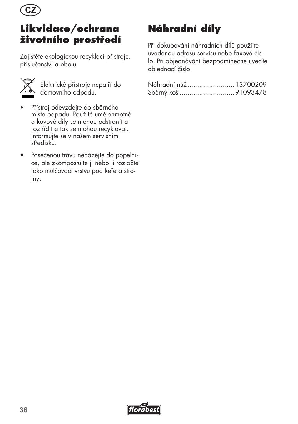Likvidace/ochrana životního prostředí, Náhradní díly | Florabest FRM 1200 B3 User Manual | Page 36 / 72