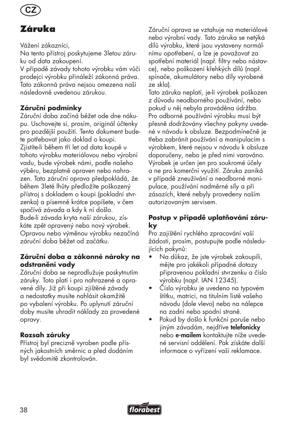 Cz záruka | Florabest FRM 1200 B3 User Manual | Page 38 / 72