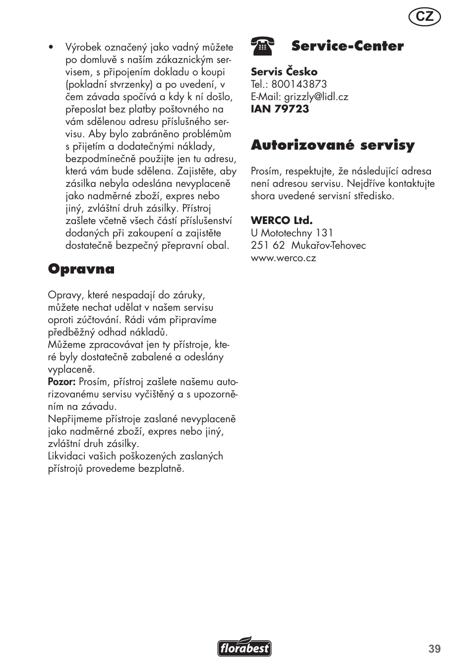 Opravna, Service-center, Autorizované servisy | Florabest FRM 1200 B3 User Manual | Page 39 / 72