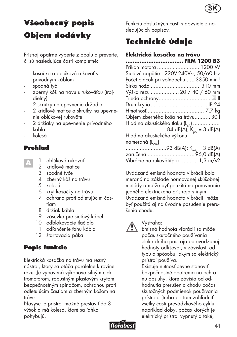 Všeobecný popis objem dodávky, Technické údaje | Florabest FRM 1200 B3 User Manual | Page 41 / 72