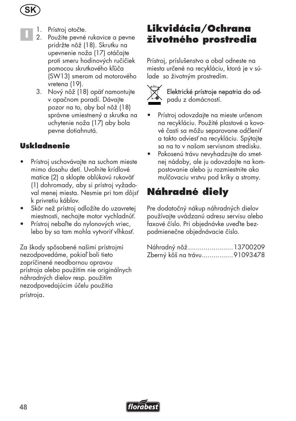 Likvidácia/ochrana životného prostredia, Náhradné diely | Florabest FRM 1200 B3 User Manual | Page 48 / 72