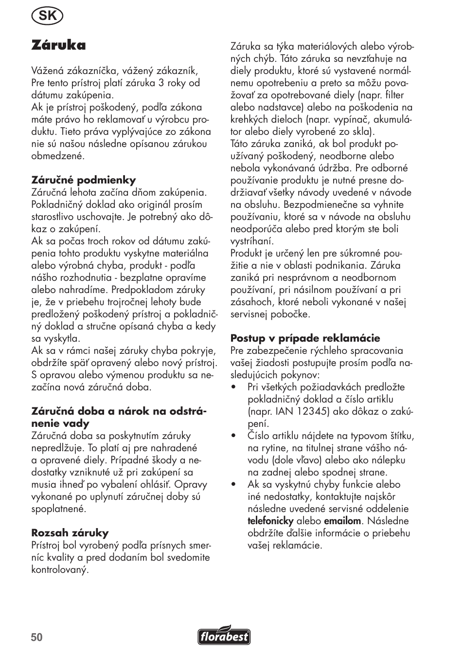 Sk záruka | Florabest FRM 1200 B3 User Manual | Page 50 / 72