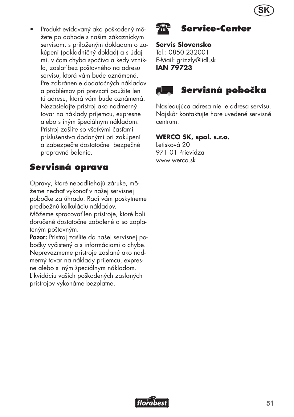 Servisná oprava, Service-center, Servisná pobočka | Florabest FRM 1200 B3 User Manual | Page 51 / 72