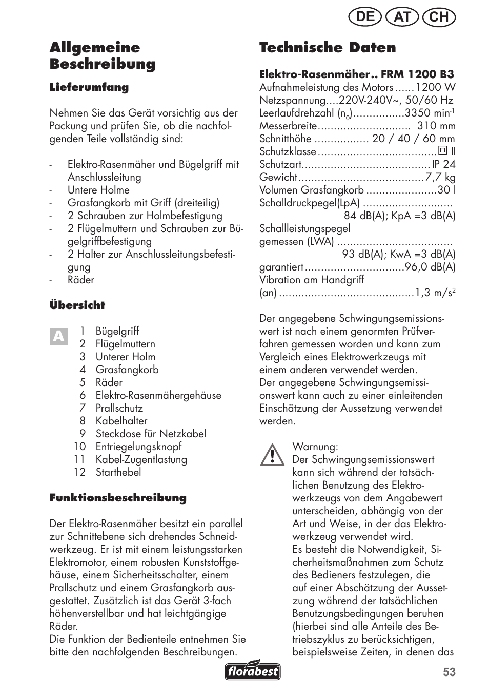 Ch at de technische daten, Allgemeine beschreibung | Florabest FRM 1200 B3 User Manual | Page 53 / 72