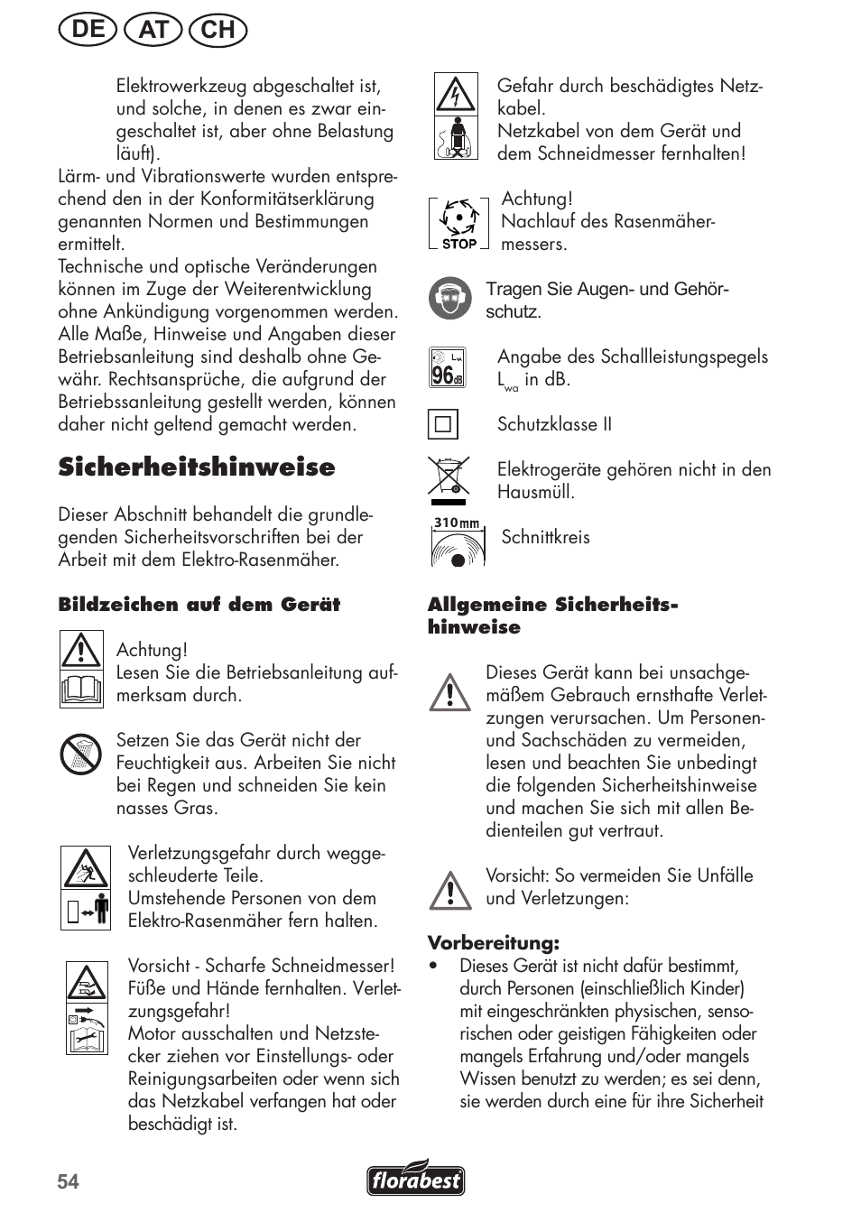 Ch at de, Sicherheitshinweise | Florabest FRM 1200 B3 User Manual | Page 54 / 72