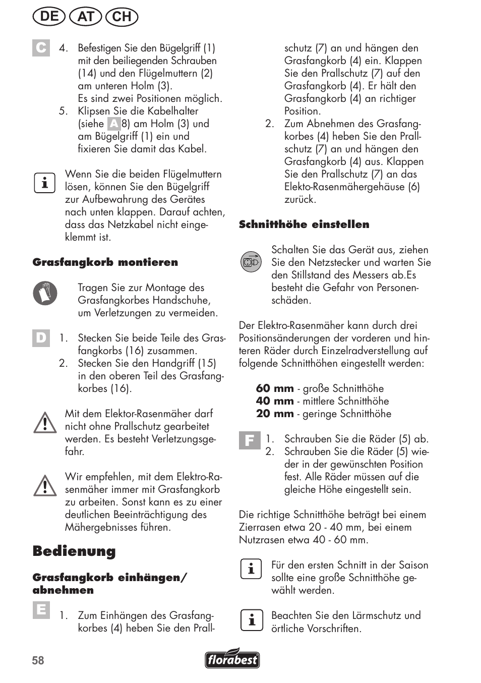 Ch at de, Bedienung | Florabest FRM 1200 B3 User Manual | Page 58 / 72