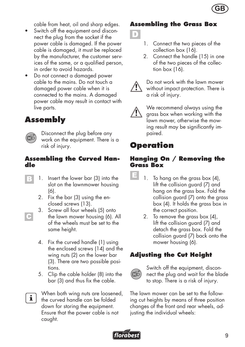 Operation, Assembly | Florabest FRM 1200 B3 User Manual | Page 9 / 72