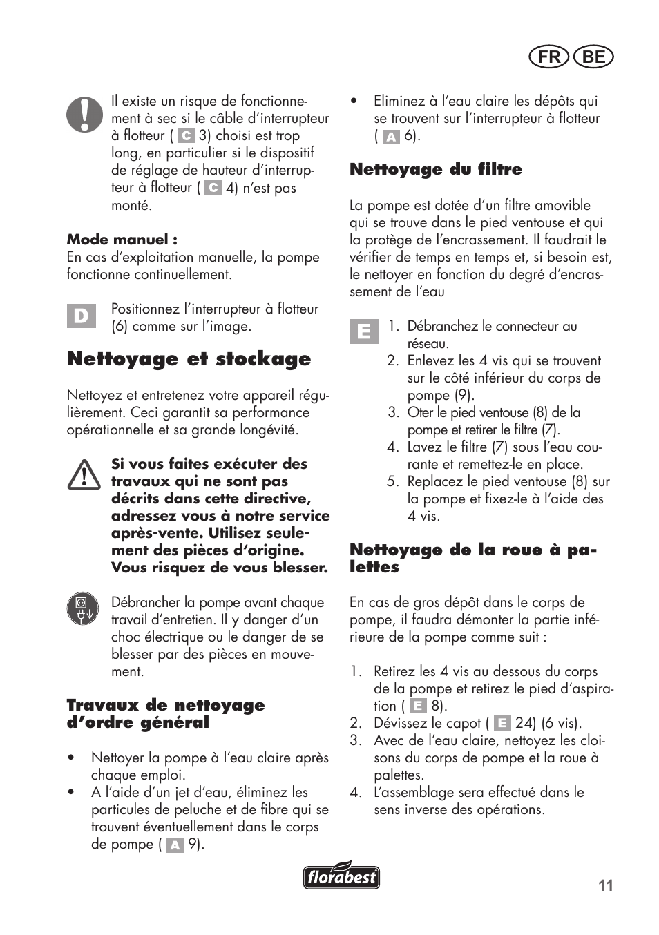 Nettoyage et stockage, Fr be | Florabest FRP 350 C2 User Manual | Page 11 / 56