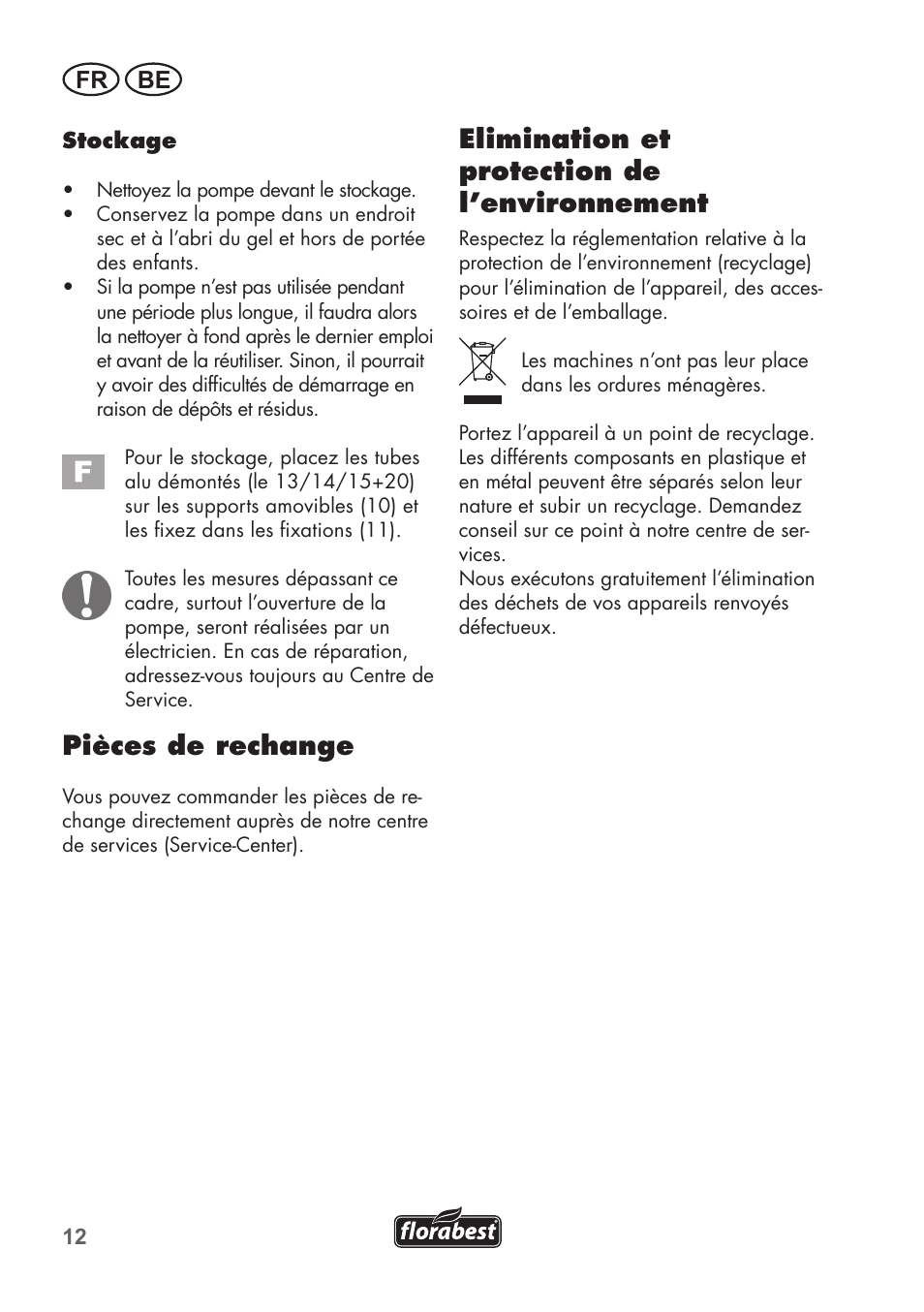 Pièces de rechange, Elimination et protection de l’environnement, Fr be | Florabest FRP 350 C2 User Manual | Page 12 / 56