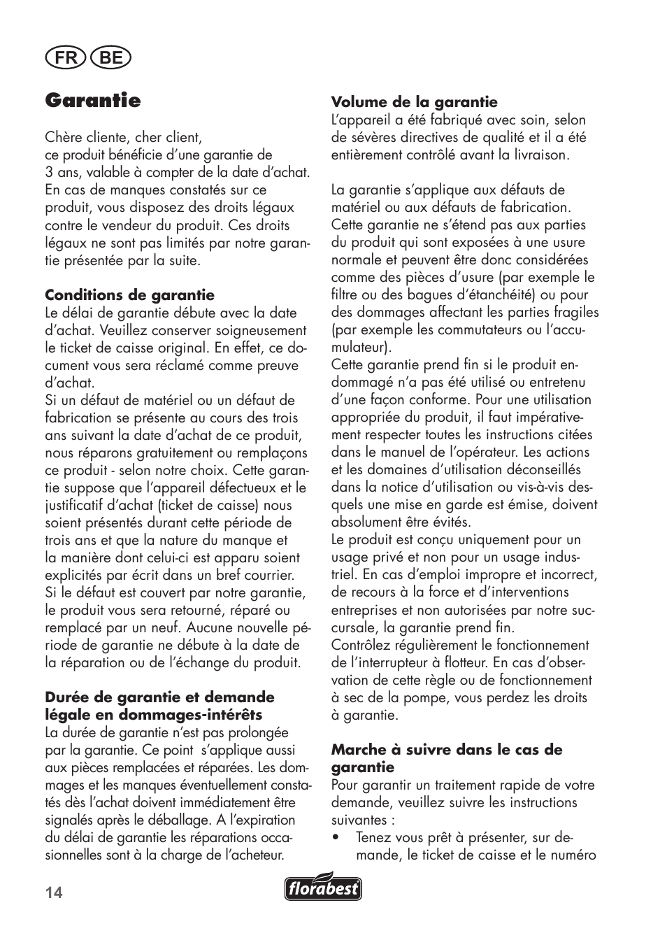 Garantie, Fr be | Florabest FRP 350 C2 User Manual | Page 14 / 56