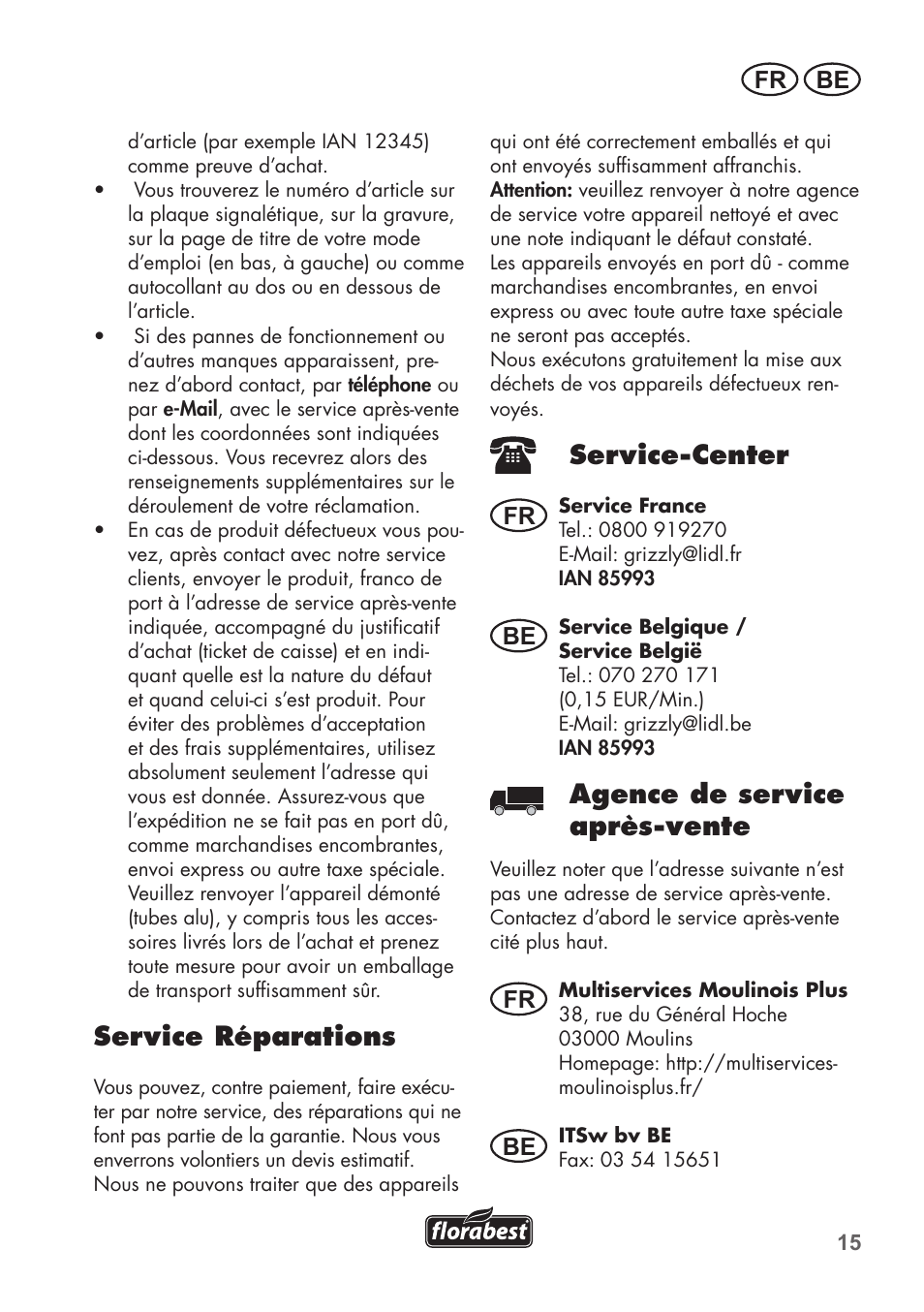 Service réparations, Service-center, Agence de service après-vente | Fr be, Fr be be | Florabest FRP 350 C2 User Manual | Page 15 / 56