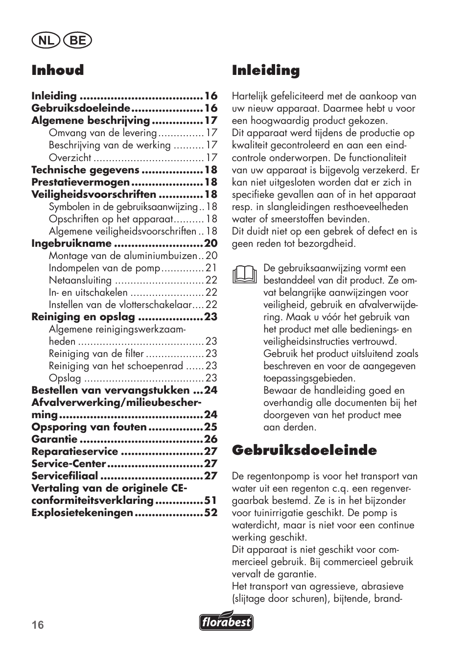 Inleiding, Gebruiksdoeleinde, Inhoud | Nl be | Florabest FRP 350 C2 User Manual | Page 16 / 56