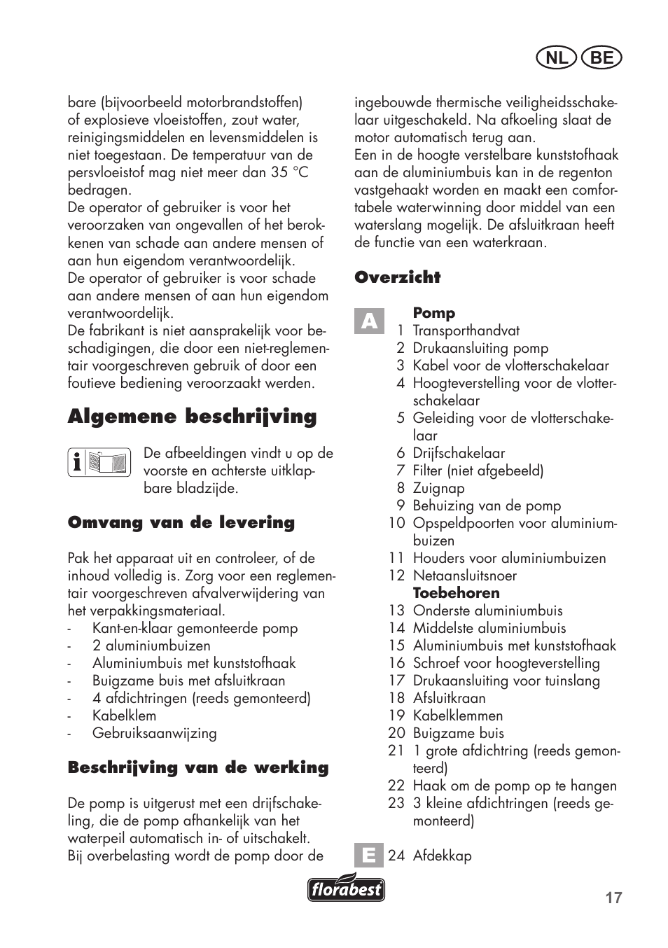 Algemene beschrijving, Be nl | Florabest FRP 350 C2 User Manual | Page 17 / 56