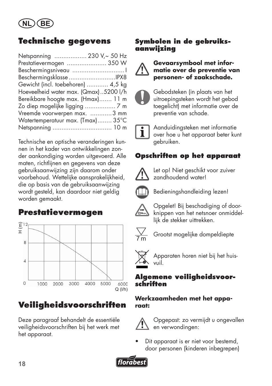 Technische gegevens, Prestatievermogen, Veiligheidsvoorschriften | Nl be | Florabest FRP 350 C2 User Manual | Page 18 / 56