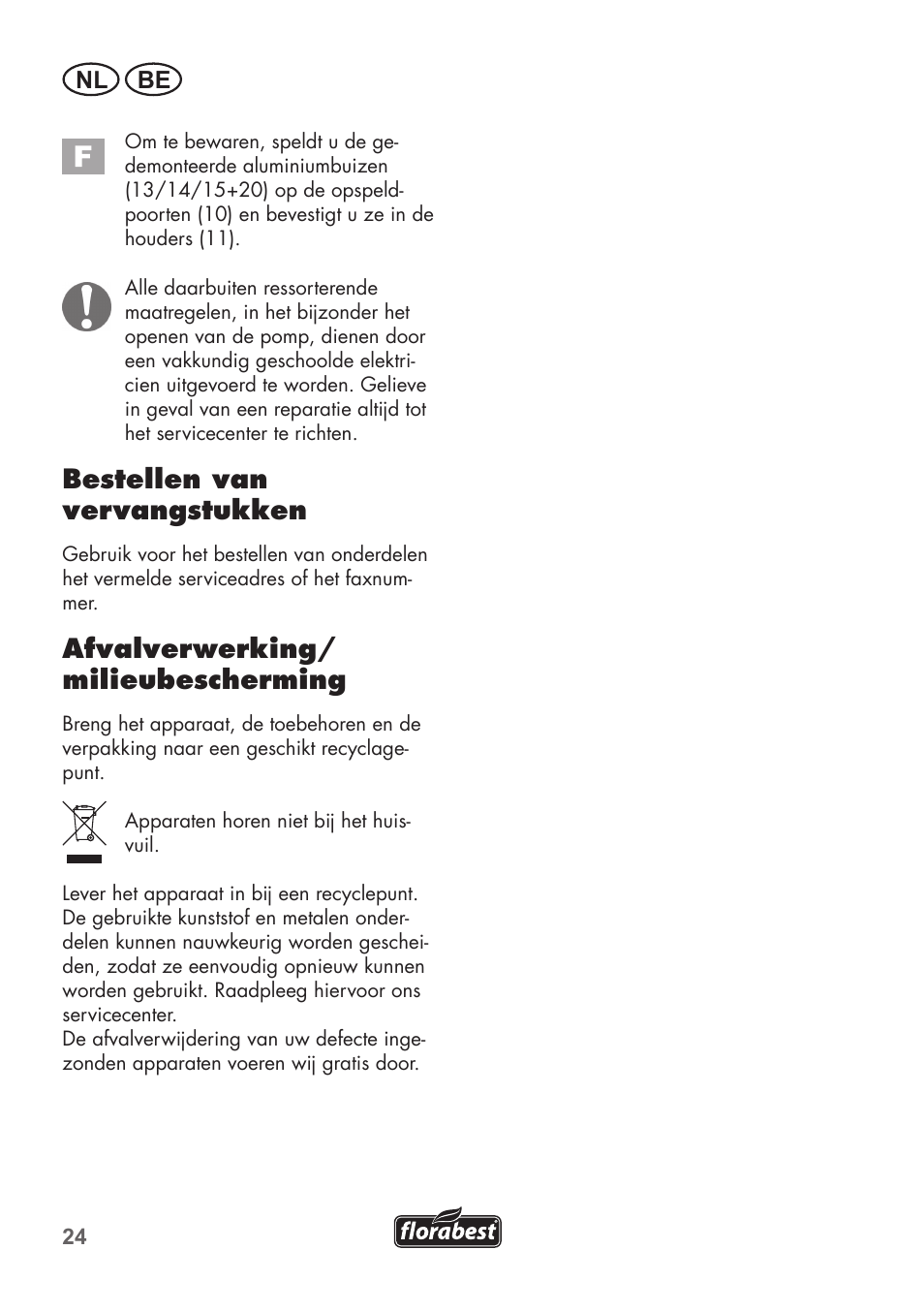 Bestellen van vervangstukken, Afvalverwerking/ milieubescherming, Nl be | Florabest FRP 350 C2 User Manual | Page 24 / 56