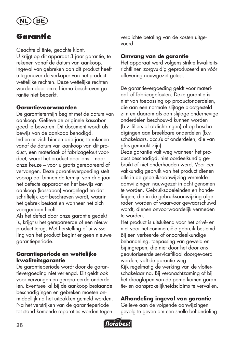 Garantie, Nl be | Florabest FRP 350 C2 User Manual | Page 26 / 56