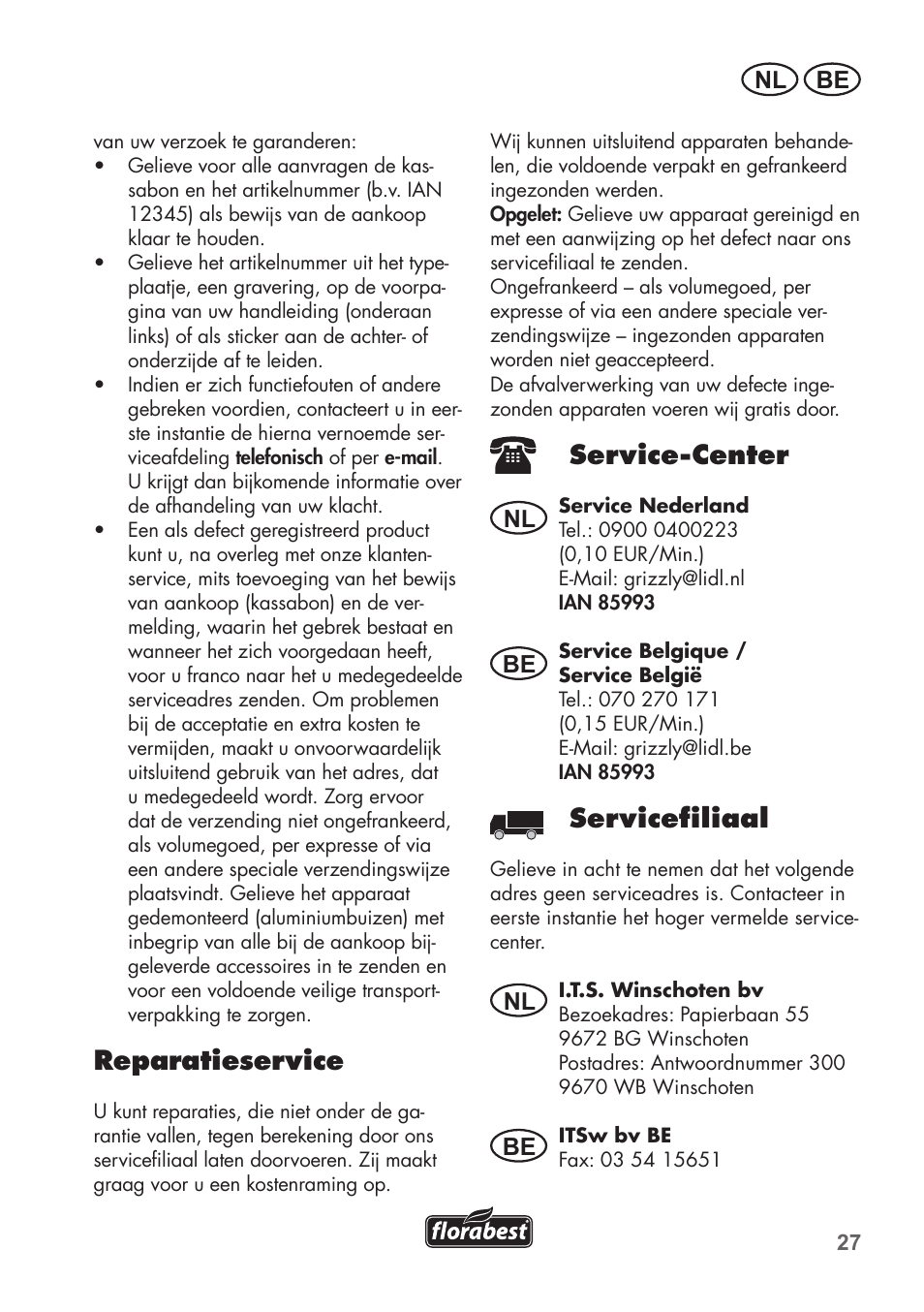 Reparatieservice, Service-center, Servicefiliaal | Be nl, Nl be nl be | Florabest FRP 350 C2 User Manual | Page 27 / 56