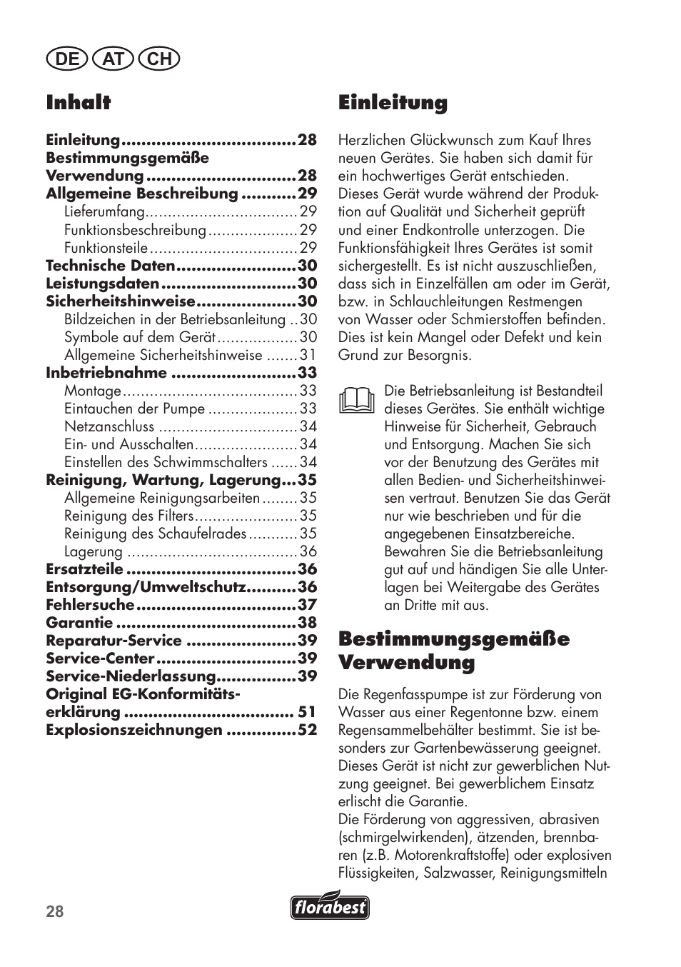 Einleitung, Bestimmungsgemäße verwendung, Inhalt | De at ch | Florabest FRP 350 C2 User Manual | Page 28 / 56