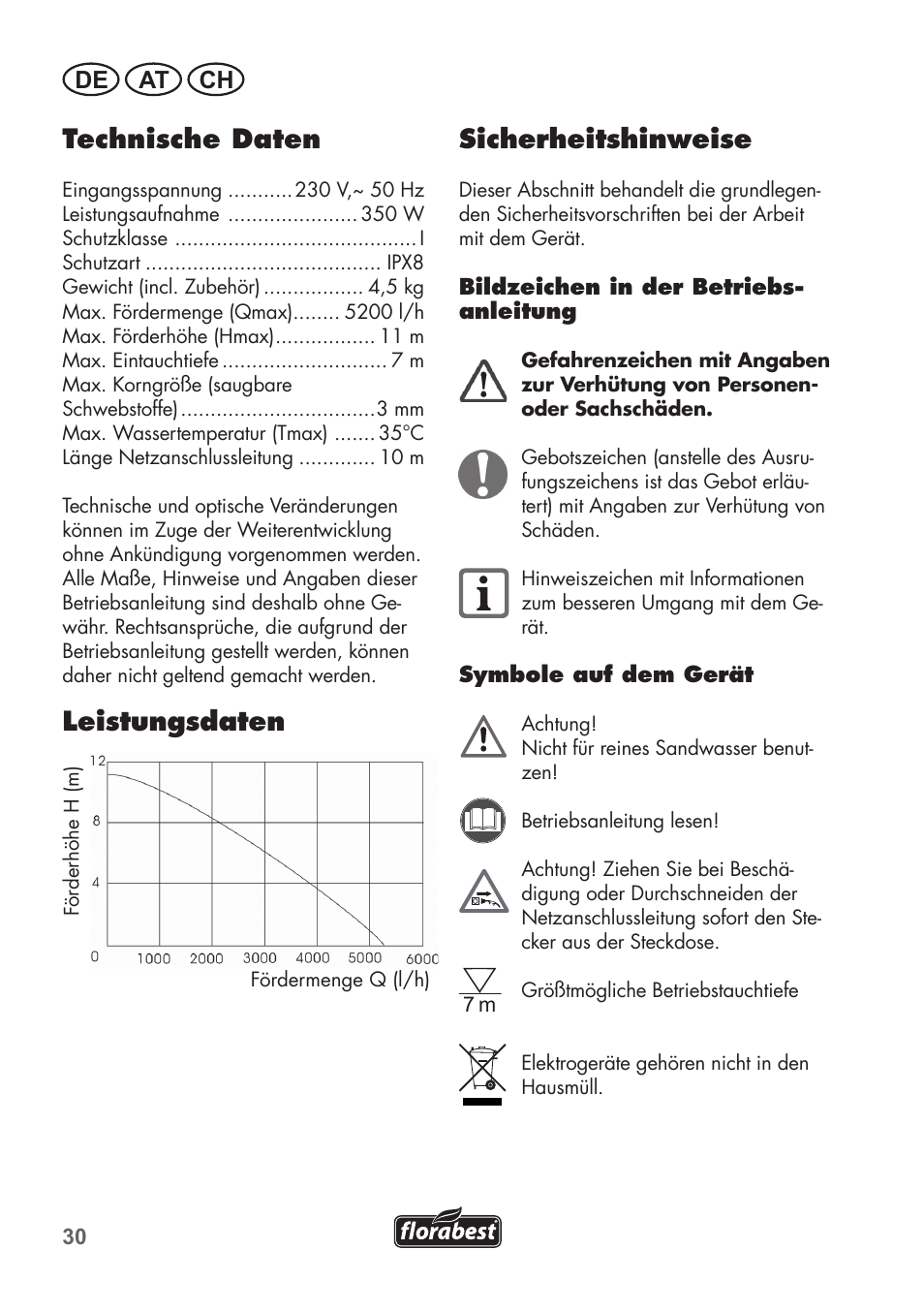 Technische daten, Leistungsdaten, Sicherheitshinweise | De at ch | Florabest FRP 350 C2 User Manual | Page 30 / 56