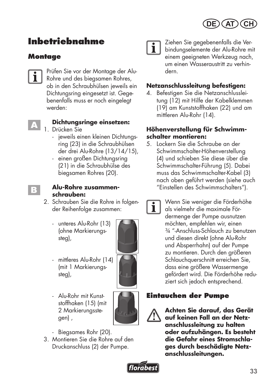 Inbetriebnahme, De at ch | Florabest FRP 350 C2 User Manual | Page 33 / 56