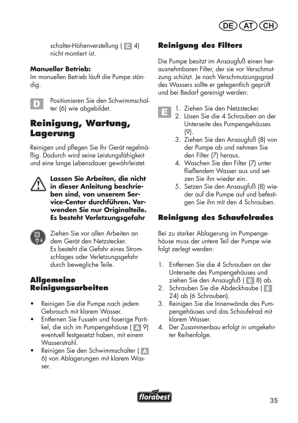 Reinigung, wartung, lagerung, De at ch | Florabest FRP 350 C2 User Manual | Page 35 / 56