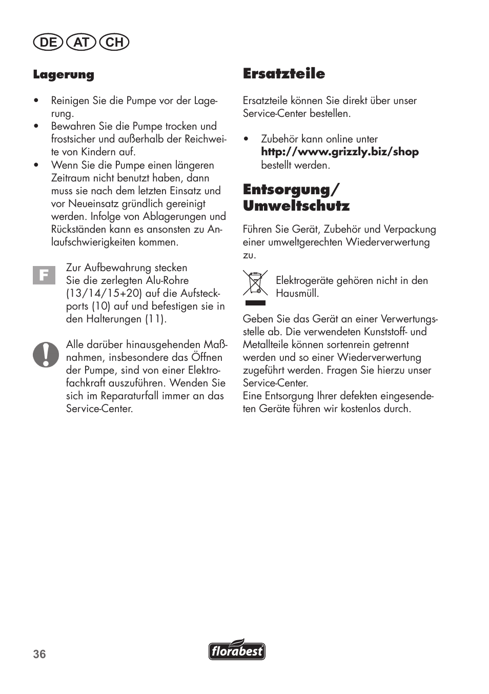 Ersatzteile, Entsorgung/ umweltschutz, De at ch | Florabest FRP 350 C2 User Manual | Page 36 / 56