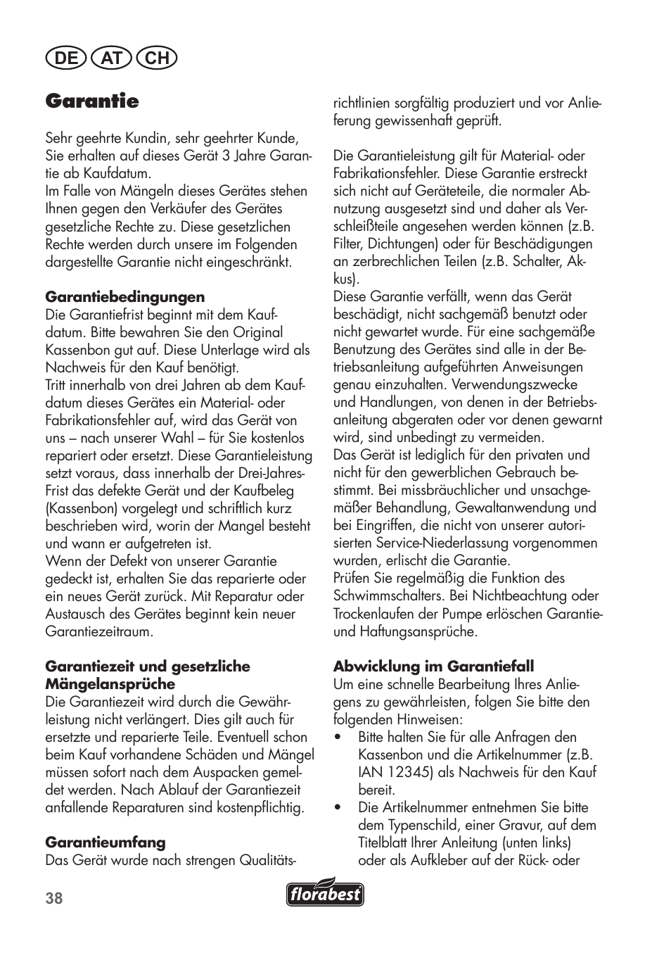 Garantie, De at ch | Florabest FRP 350 C2 User Manual | Page 38 / 56
