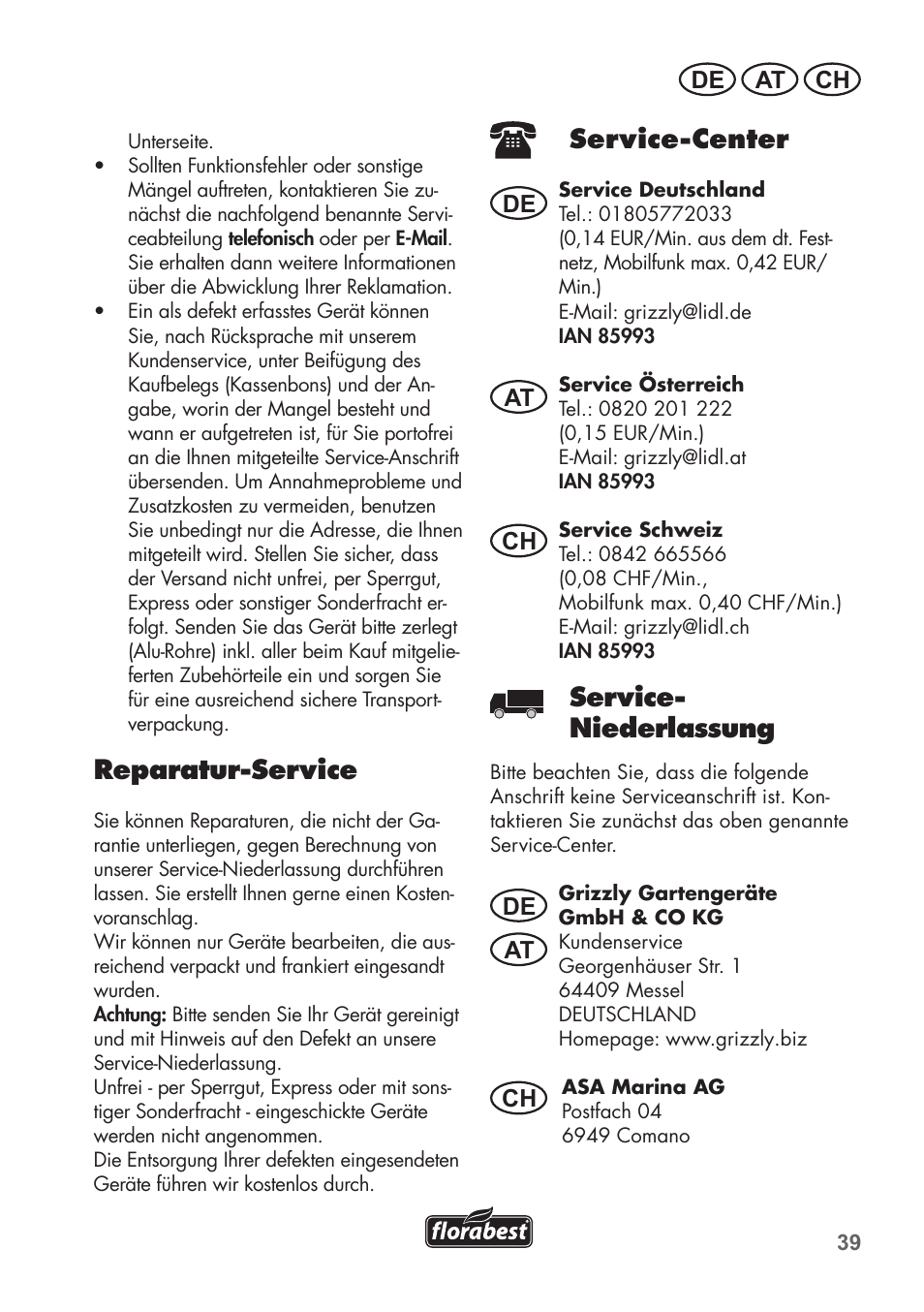 Reparatur-service, Service-center, Service- niederlassung | De at ch, De at at ch ch | Florabest FRP 350 C2 User Manual | Page 39 / 56