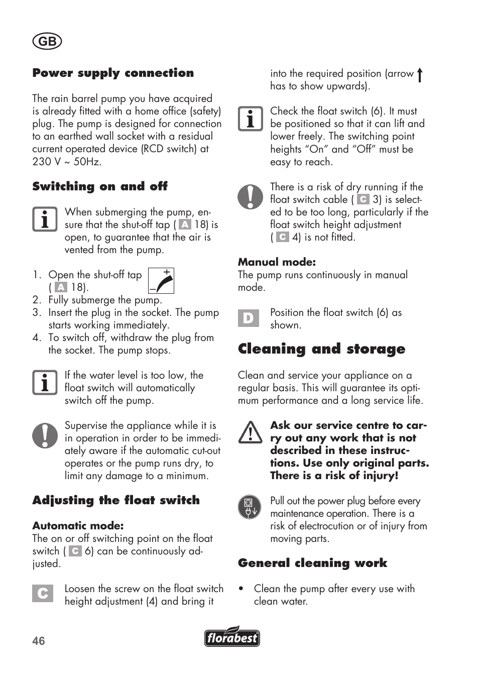 Cleaning and storage | Florabest FRP 350 C2 User Manual | Page 46 / 56
