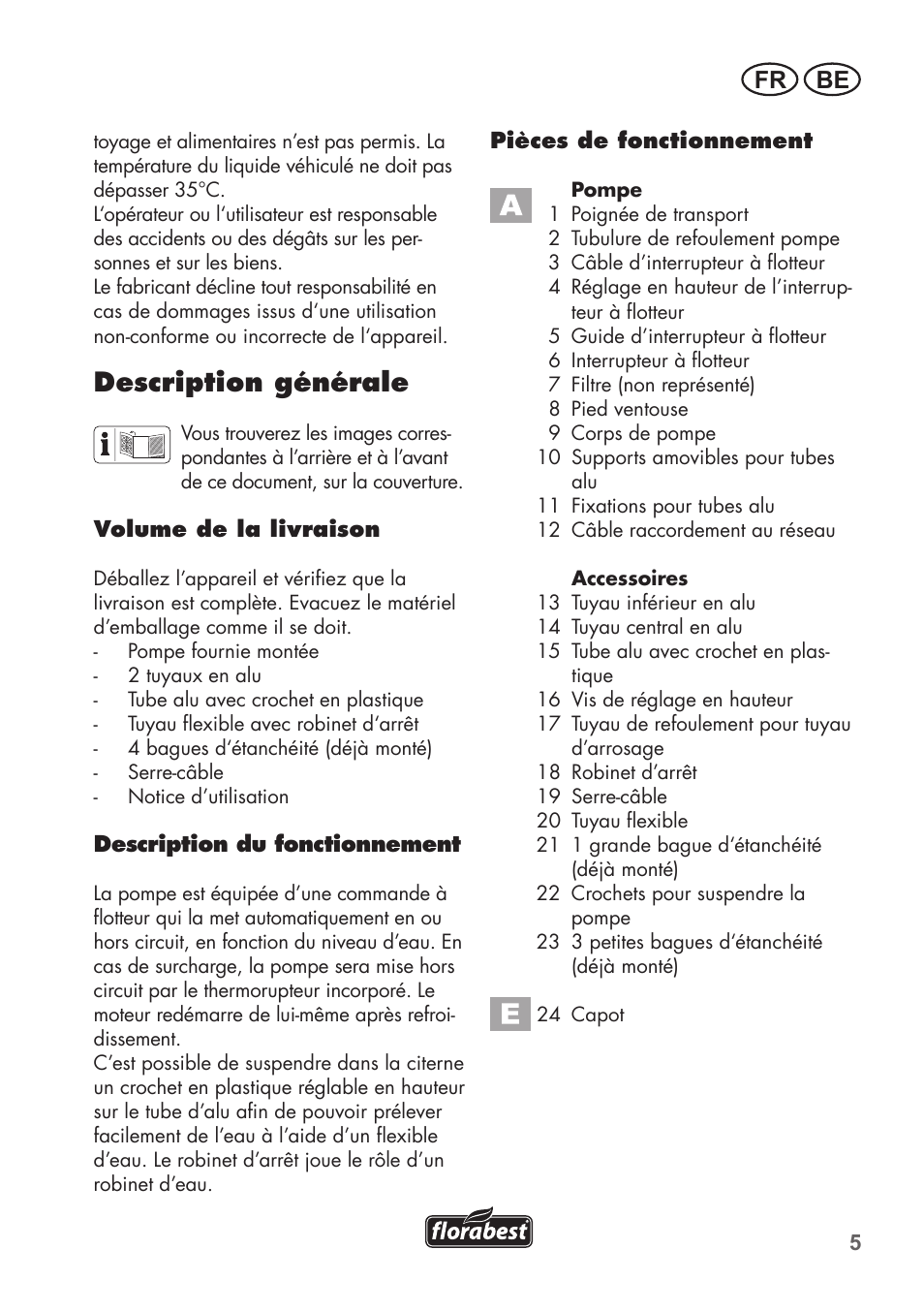 Description générale, Fr be | Florabest FRP 350 C2 User Manual | Page 5 / 56