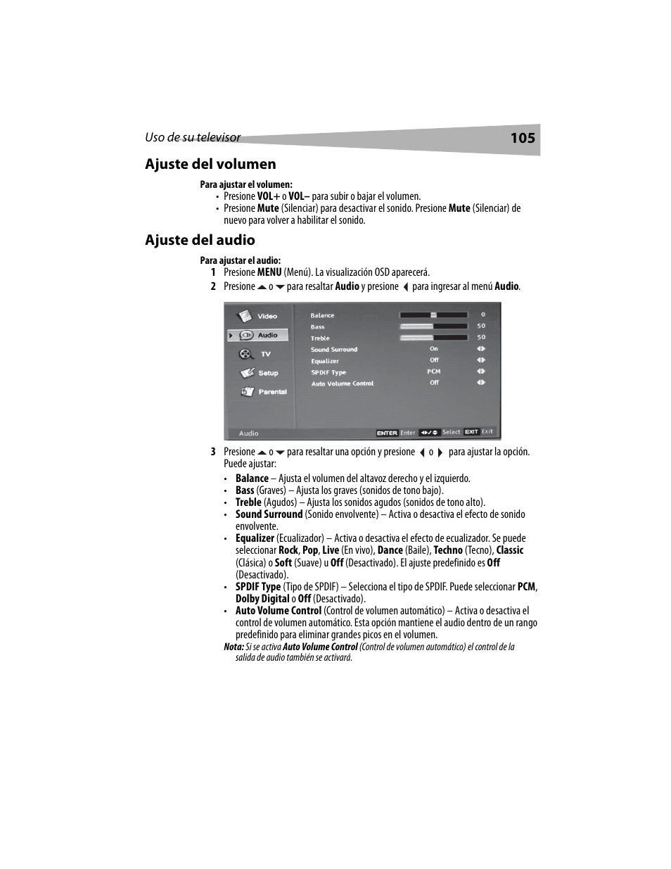 105 ajuste del volumen, Ajuste del audio | Dynex DX-LCD19 User Manual | Page 105 / 124