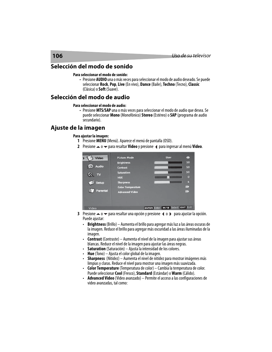 Selección del modo de sonido, Selección del modo de audio, Ajuste de la imagen | Dynex DX-LCD19 User Manual | Page 106 / 124