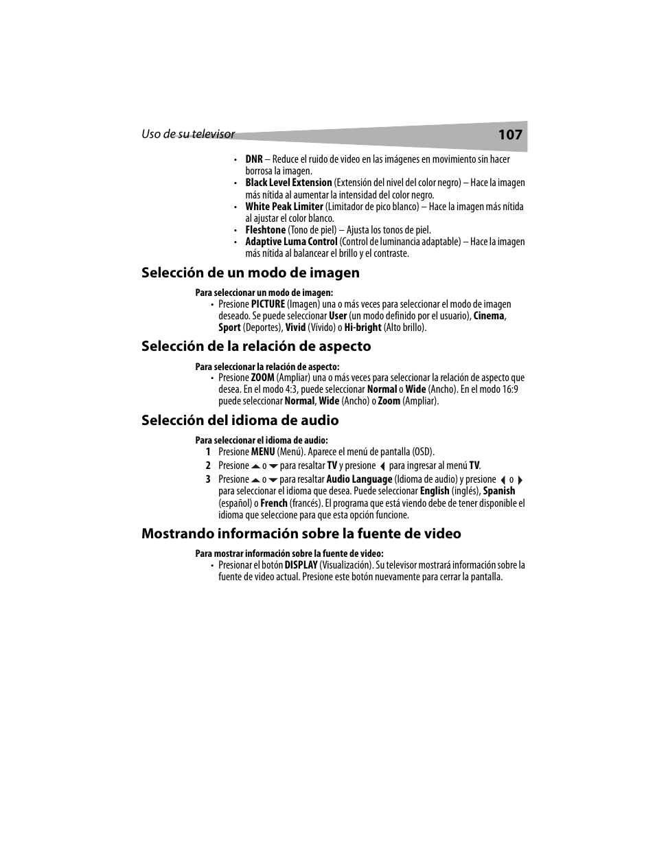 Selección de un modo de imagen, Selección de la relación de aspecto, Selección del idioma de audio | Mostrando información sobre la fuente de video | Dynex DX-LCD19 User Manual | Page 107 / 124