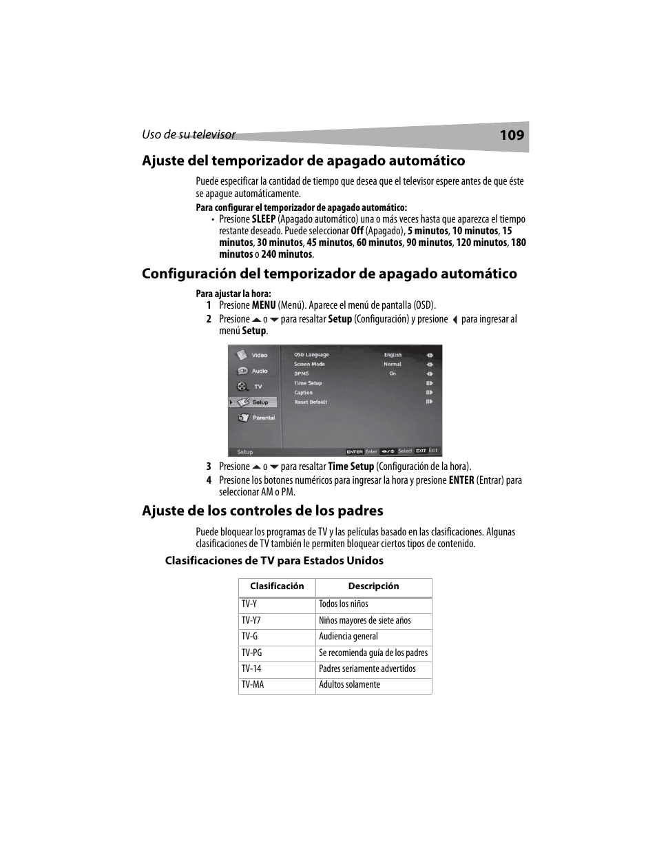 109 ajuste del temporizador de apagado automático, Ajuste de los controles de los padres | Dynex DX-LCD19 User Manual | Page 109 / 124