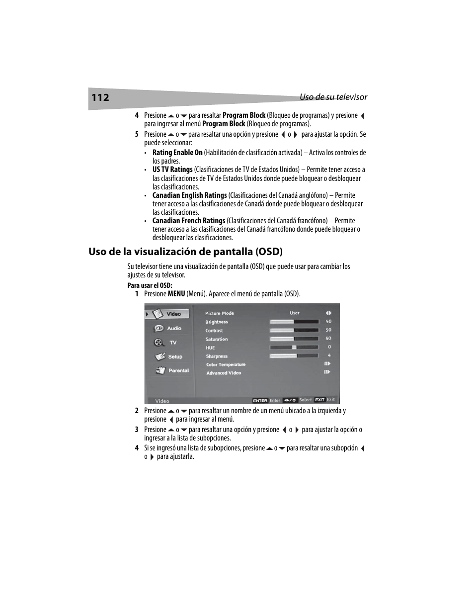 Uso de la visualización de pantalla (osd) | Dynex DX-LCD19 User Manual | Page 112 / 124