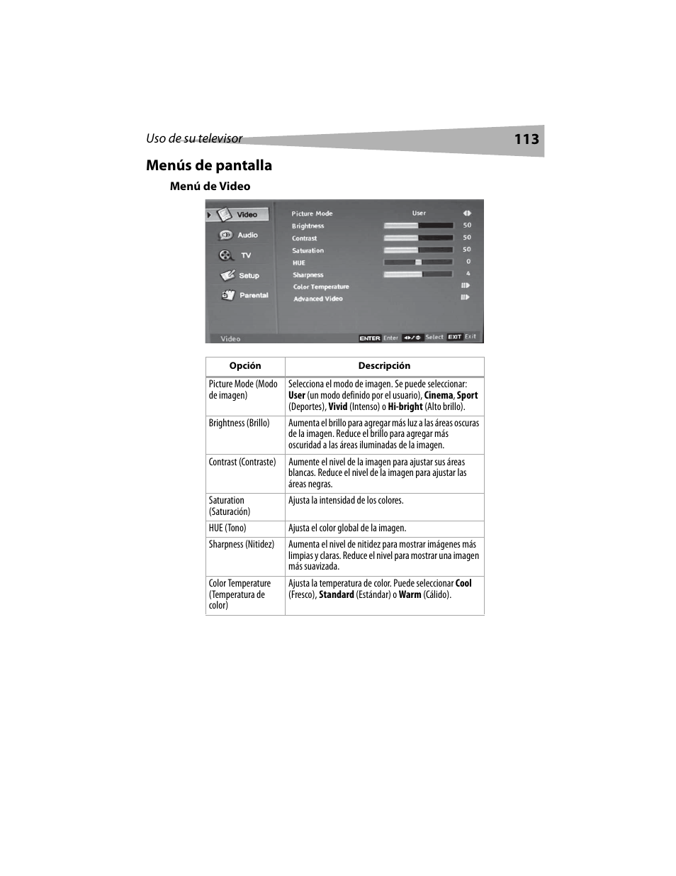 113 menús de pantalla | Dynex DX-LCD19 User Manual | Page 113 / 124