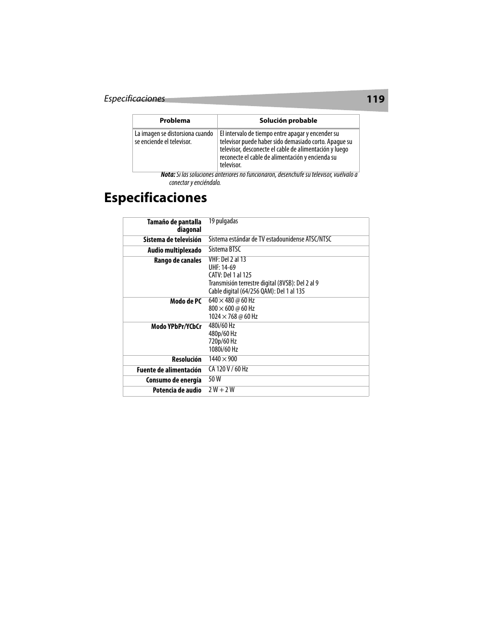 Especificaciones | Dynex DX-LCD19 User Manual | Page 119 / 124