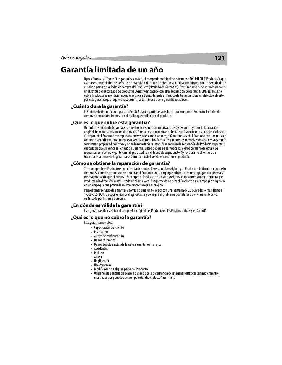 Garantía limitada de un año | Dynex DX-LCD19 User Manual | Page 121 / 124