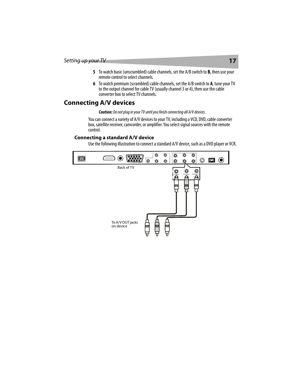 Connecting a/v devices, Setting up your tv | Dynex DX-LCD19 User Manual | Page 17 / 124