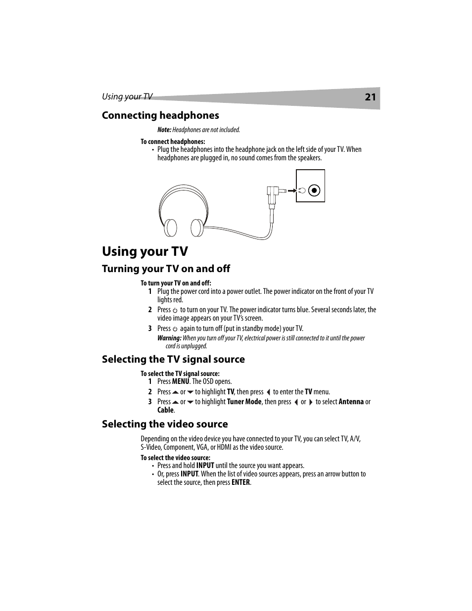 Using your tv | Dynex DX-LCD19 User Manual | Page 21 / 124