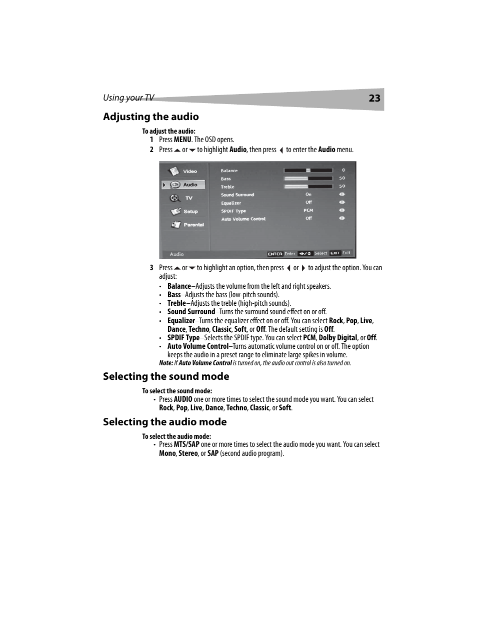 23 adjusting the audio, Selecting the sound mode, Selecting the audio mode | Dynex DX-LCD19 User Manual | Page 23 / 124