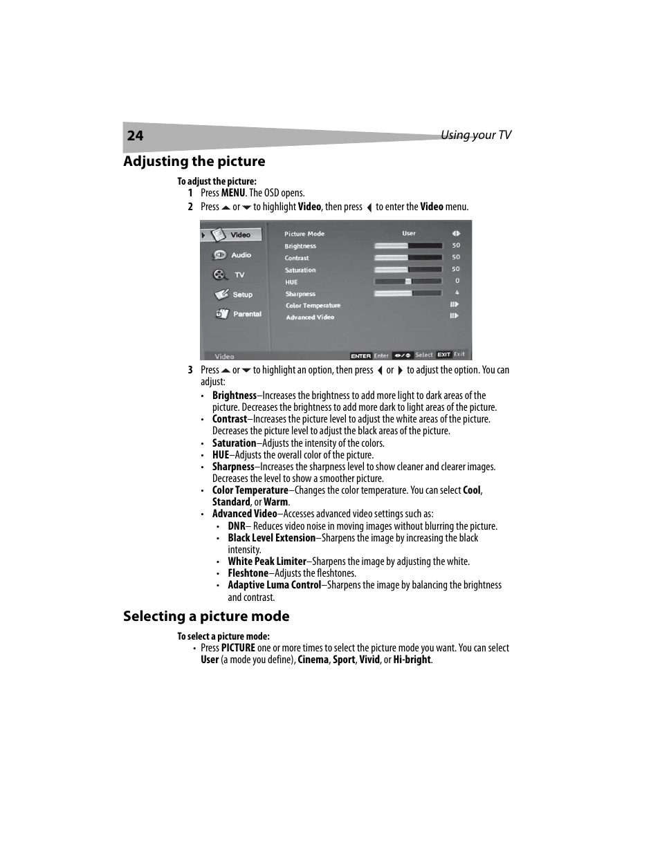 Adjusting the picture, Selecting a picture mode | Dynex DX-LCD19 User Manual | Page 24 / 124