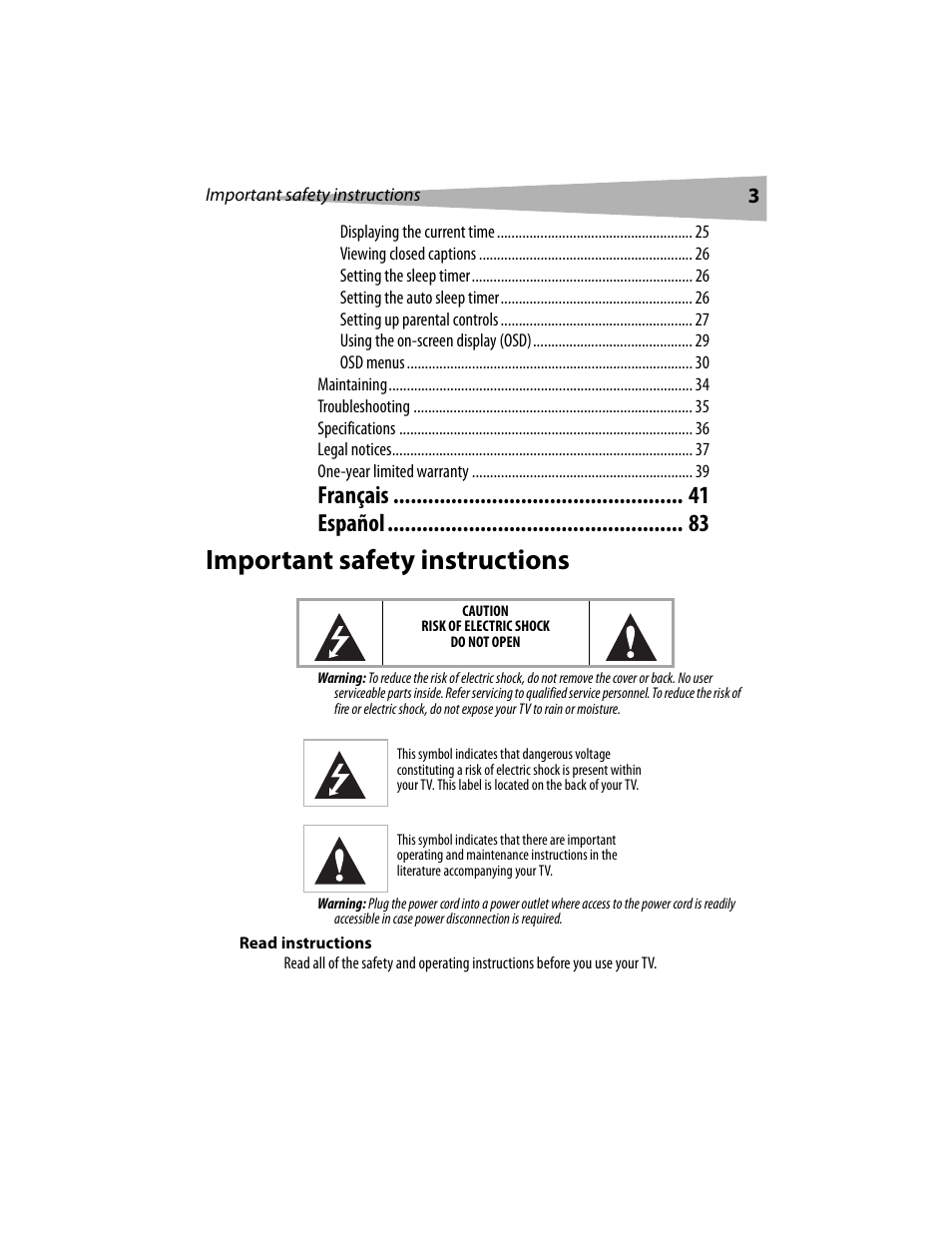 Important safety instructions, Français español | Dynex DX-LCD19 User Manual | Page 3 / 124