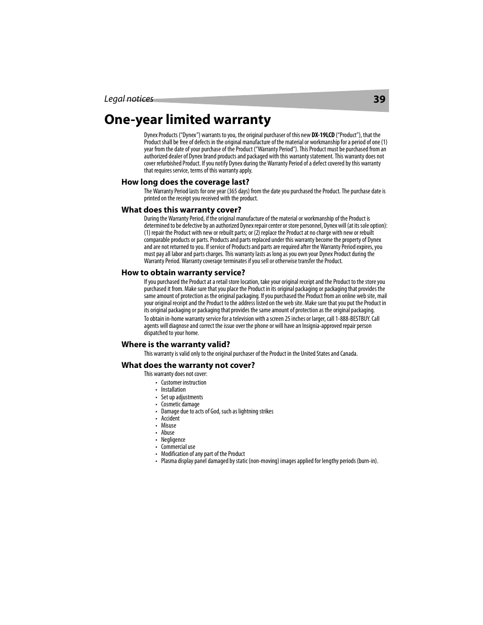 One-year limited warranty | Dynex DX-LCD19 User Manual | Page 39 / 124